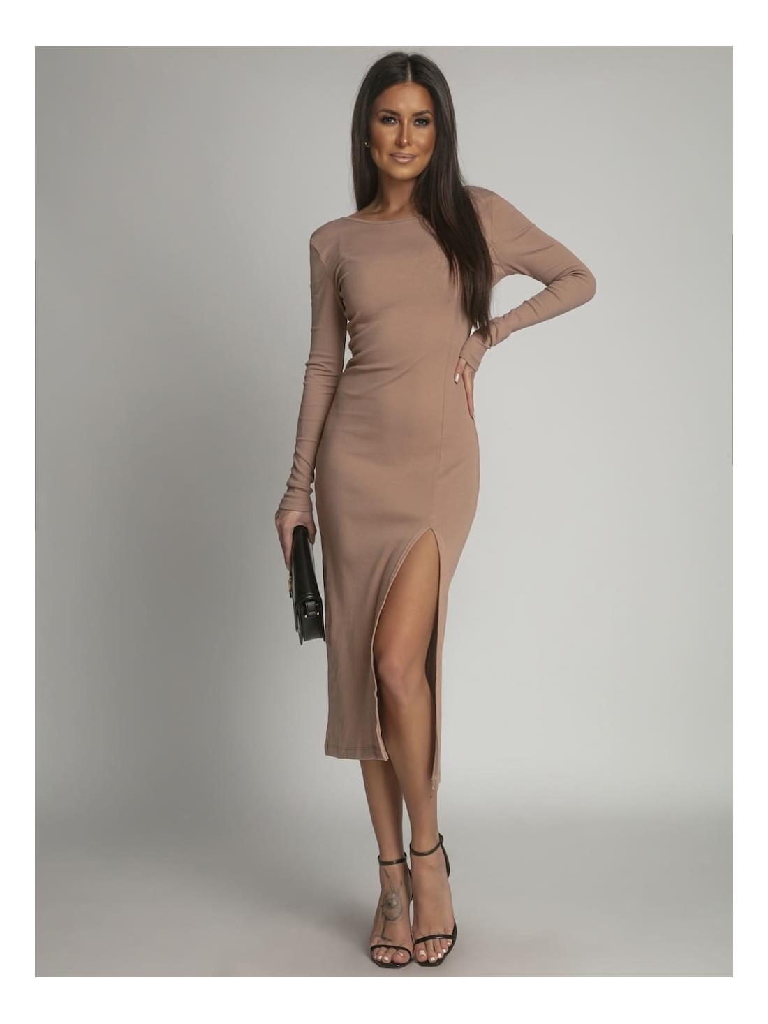 Rochie cu nervuri cu decolteu cappuccino FG673